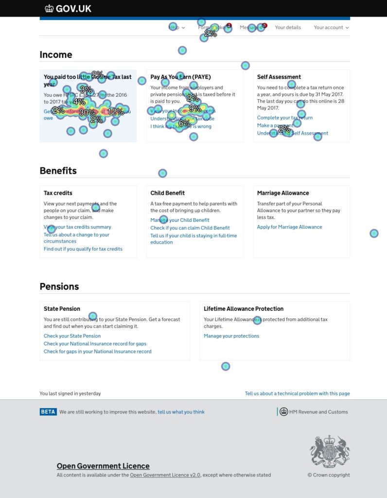 A screen shot of a gov.uk page showing a heat map of where people are most likely to click