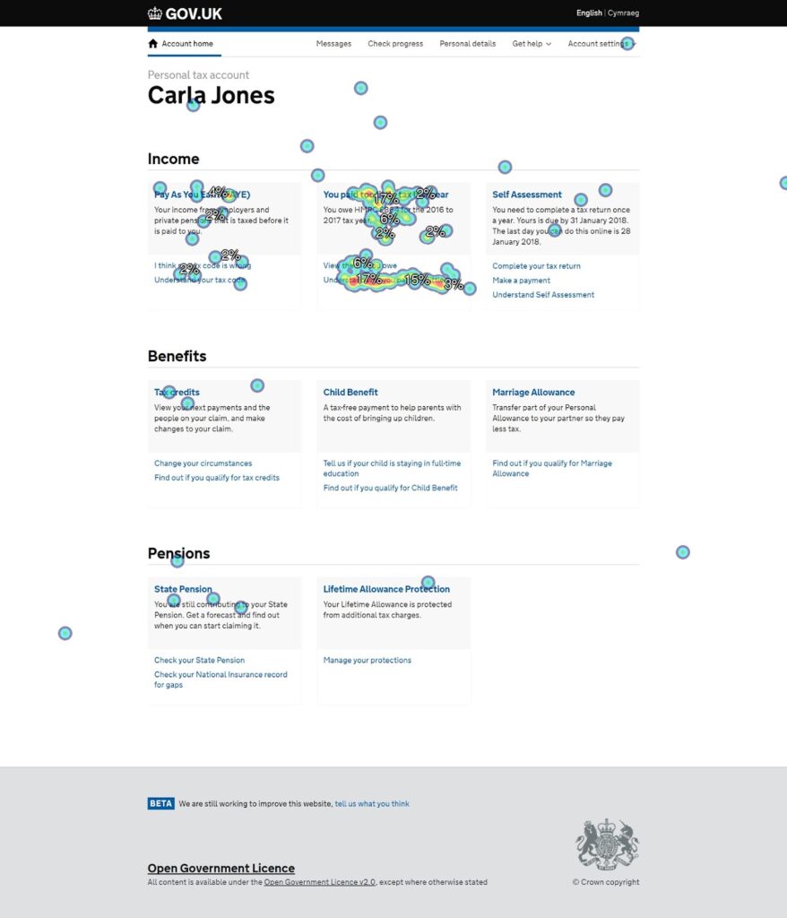 A screen shot of a gov.uk page showing a heat map of where people are most likely to click