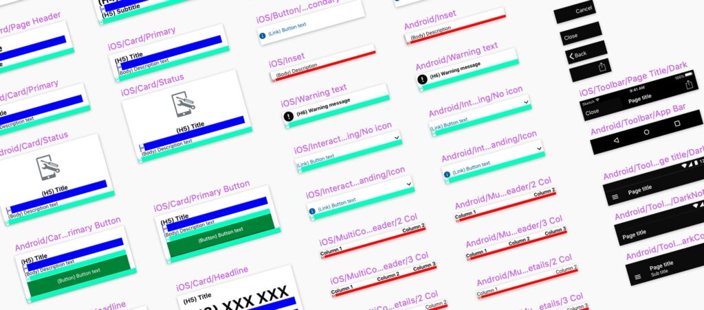 A screen shot of a Sketch UI kit. It shows differently coloured boxes and text