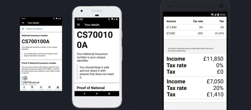 Three screen shots of mobile app pages on a phone