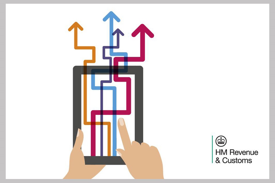A graphic showing a hand holding a tablet with coloured arrows and the HMRC logo