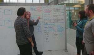 Four members of the team standing by a large whiteboard covered in coloured writing