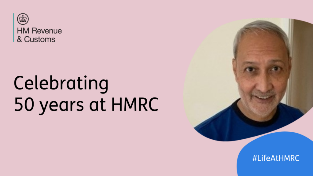Pink graphic with blue detail and headshot of HMRC employee. Text: Celebrating 50 Years at HMRC