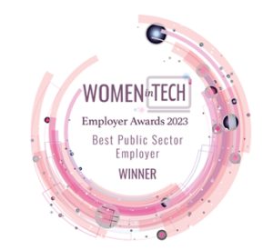 Pink circle with purple and pink dot detail. Inside the circle text reads: Women in Tech Employer Awards 2023. Best Public Sector Employer Winner