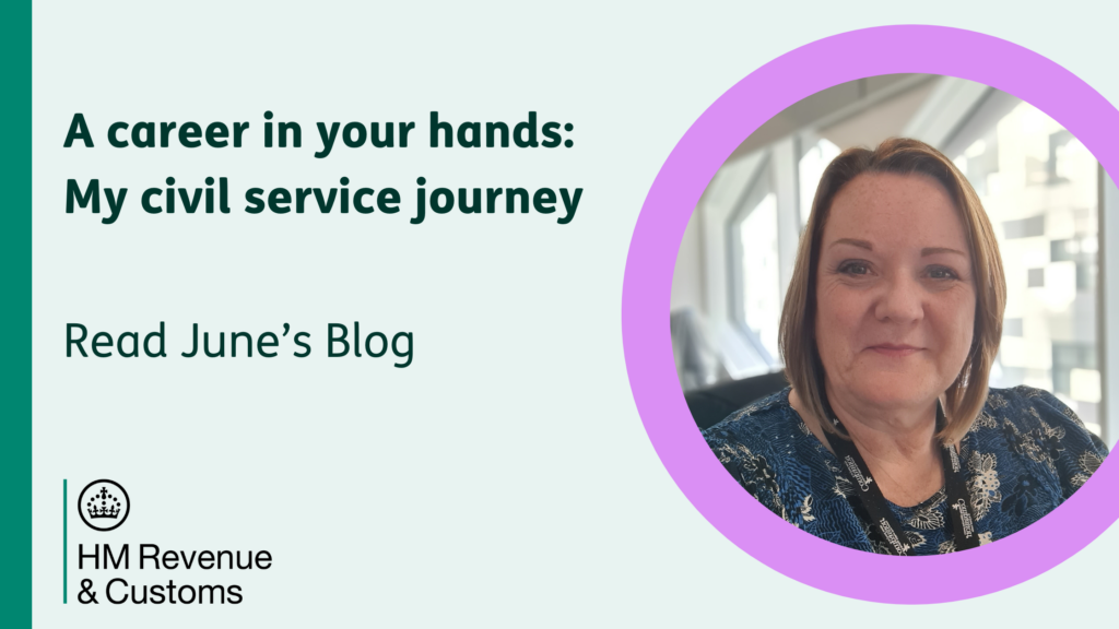 Image of HMRC colleague. A career in your hands: My civil service journey. Read Jun's Blog. HMRC logo